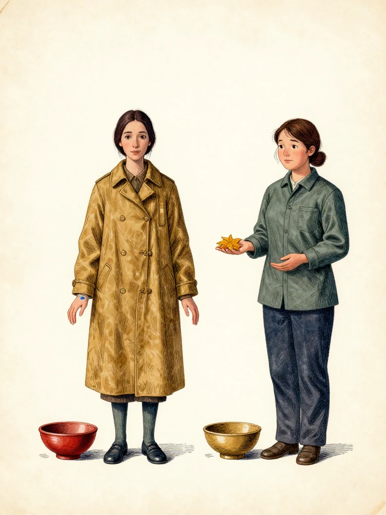 Nara Vale, the same person, stands still with a fourth blue mark at her cuff, hands away from both concord leaves. Etta Sorn, the same person, holds one amber leaf under one palm. Both remain motionless beside two bowls and untouched medicine lines. Light is even, materials are parchment and ceramic.