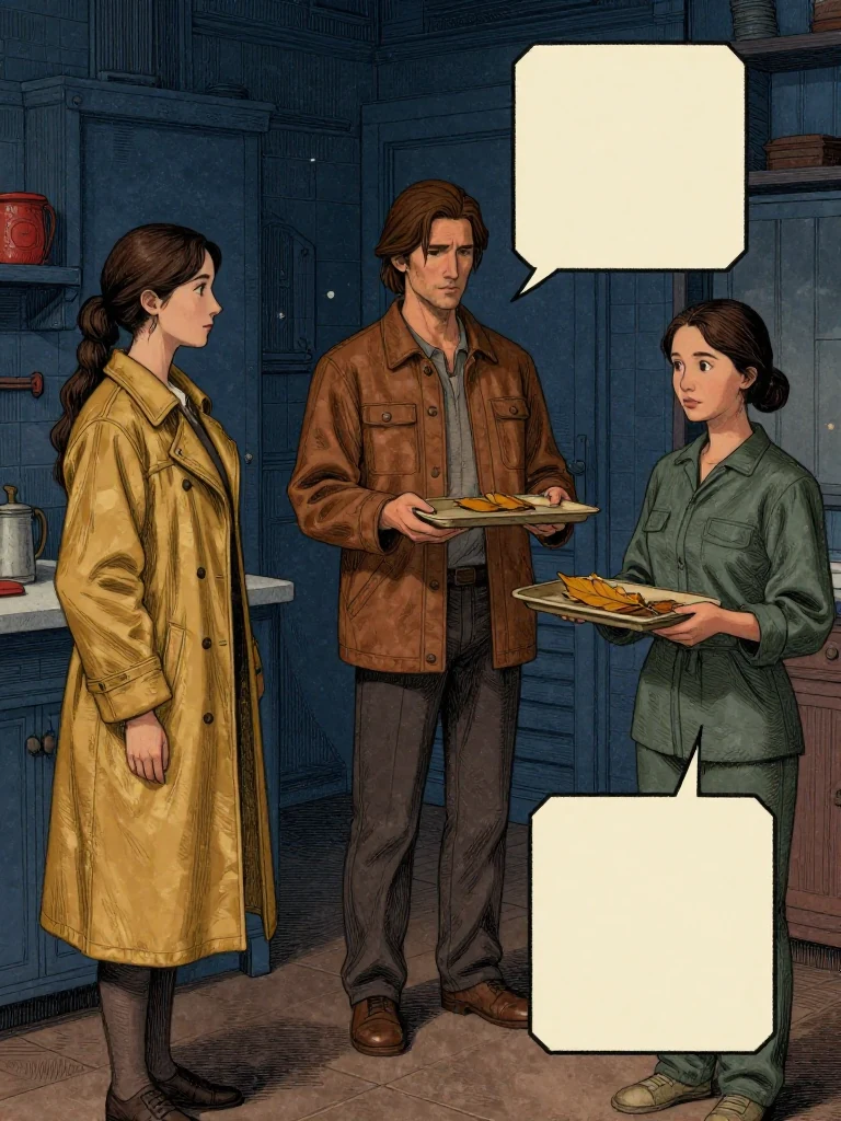 Nara Vale compares one exposed narrow-deep edge notch with an identity-blind facsimile while Oren Pell returns a sixth unchanged cream square and Etta Sorn holds each amber leaf on its own host tray. Two route custodians retain separate counterparts. Afternoon kitchen light reveals one exact material match, closed identity flaps, and a bounded invitation pointing toward a sealed refuge position rather than a presumed holder. Setting: Unnamed Quarter.