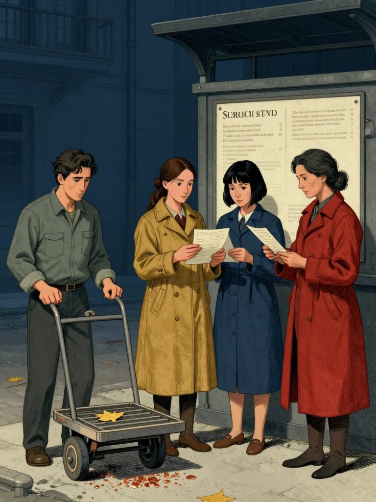 Savi Dorn stops a wobbling handcart at the district brass strip, checks the amber allocation leaf against a clipped repair slip, and places both palms on the slatted tray. Nara Vale keeps open hands nearby while Tamsin Orr reviews the invitation limits and Cala Renn records scope from the city side. Afternoon light catches copper filings, stove soot, removable chalk, and claimant-controlled tools. Setting: Unnamed Quarter. Visible objects: Copied Allocation Leaf.