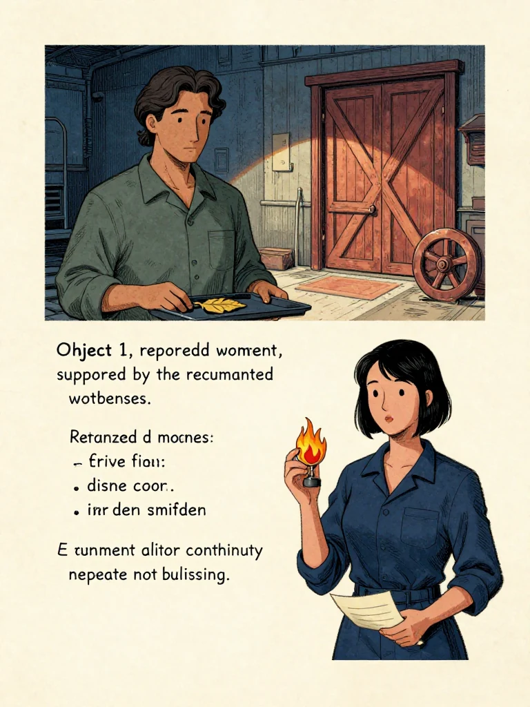 Savi Dorn sets the amber allocation leaf on its own tray and holds a fire-warped household token beneath a hinge magnet while Tamsin Orr records only the present-work facts supported by two unnamed workshop witnesses. Sunlight crosses returned burner doors, paired cart wheels, removable chalk, distinct witness codes, and signed counterpart slips, keeping current repair continuity separate from childhood history. Setting: Unnamed Quarter. Visible objects: Copied Allocation Leaf.