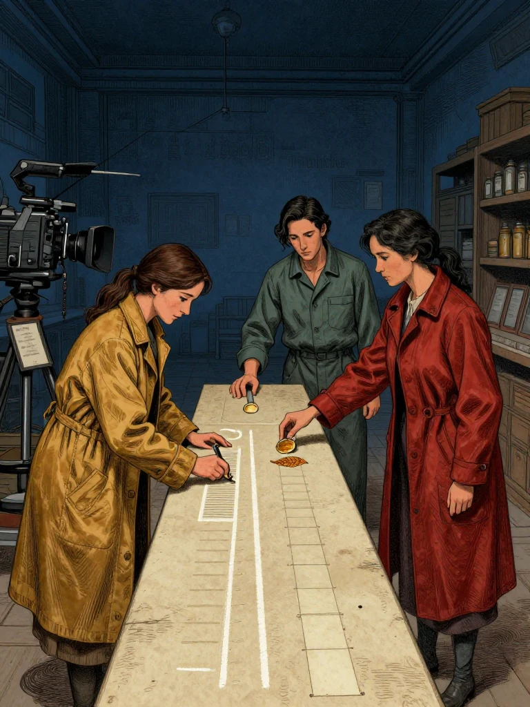 Nara Vale draws two chalk lanes across the workshop bench while Savi Dorn guards the authentic token in the first and directs Cala Renn to place a void authorization strip only in the second. A route custodian retains the framed counterpart by hand. Carrier punches align with the amber allocation leaf until an eighth stub completes the false route sequence under claimant control. Setting: Unnamed Quarter. Visible objects: Copied Allocation Leaf.