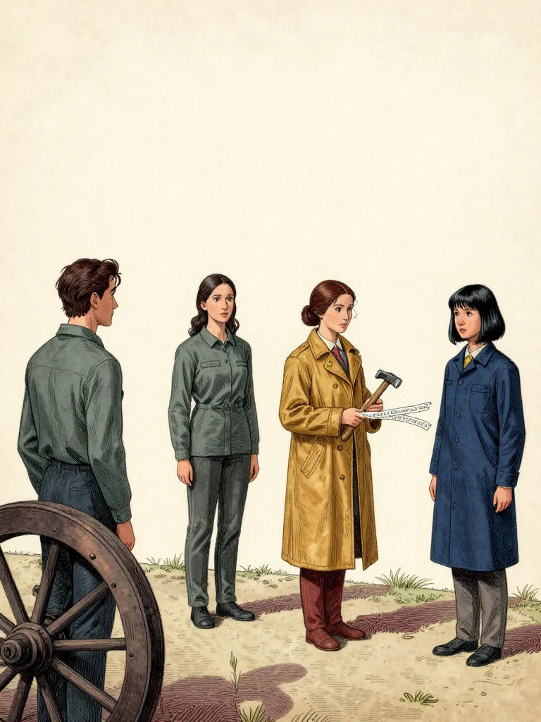 Savi Dorn looks toward the knocking cart wheel instead of Adra Voss while Nara Vale meets the claimant's gaze across the authentic lane. Tamsin Orr places two long docket strips apart with a stove hammer between them. Afternoon light catches the protected token, separated false-route materials, and four bodies refusing a forced choice between genuine standing and accountable misconduct. Setting: Unnamed Quarter.