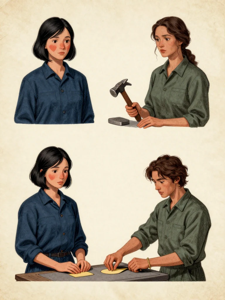 Tamsin Orr makes one separate impression on each docket while Adra Voss studies across the stove hammer with hands clear of both lanes. Savi Dorn places false-route materials on the gray strip, sleeves the authentic token on the cream side, and ties that sleeve to the wrist. Warm workshop light reveals accepted parallel proceedings, retained claimant custody, and the physical barrier preventing evidentiary trade. Setting: Unnamed Quarter.