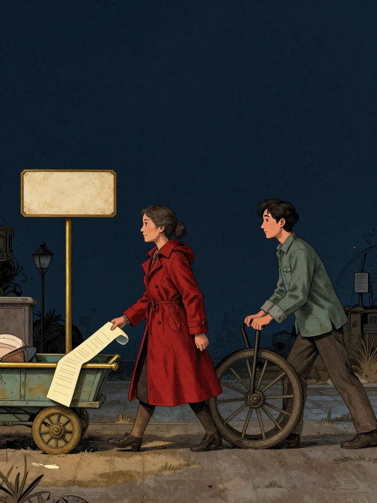 Cala Renn walks beside the repaired handcart carrying the cream notice strip and gray custody sleeve separately while Savi Dorn pushes the now-quiet wheel to the district reader. At the brass boundary, one strip enters the notice slot and the other receives a separate seal. Amber light leaves travel weight unchanged, source positions closed, and participation open under chosen workshop continuity. Setting: Unnamed Quarter.