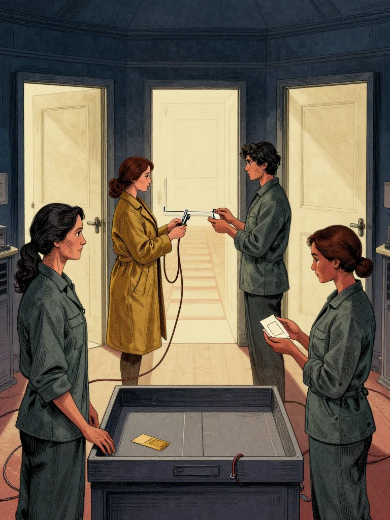 Adra Voss stops beside an empty central audit tray while Nara Vale faces three door-held originals, Savi Dorn clips removable cord ends to the first clear join strip, and Etta Sorn protects a folded middle token beneath one palm. Late light enters through separate doors, revealing flood-swollen cords, three custodian hands, distant classification paths, and an intentionally empty center. Setting: Unnamed Quarter. Visible objects: Mira's Reciprocal Ledger.