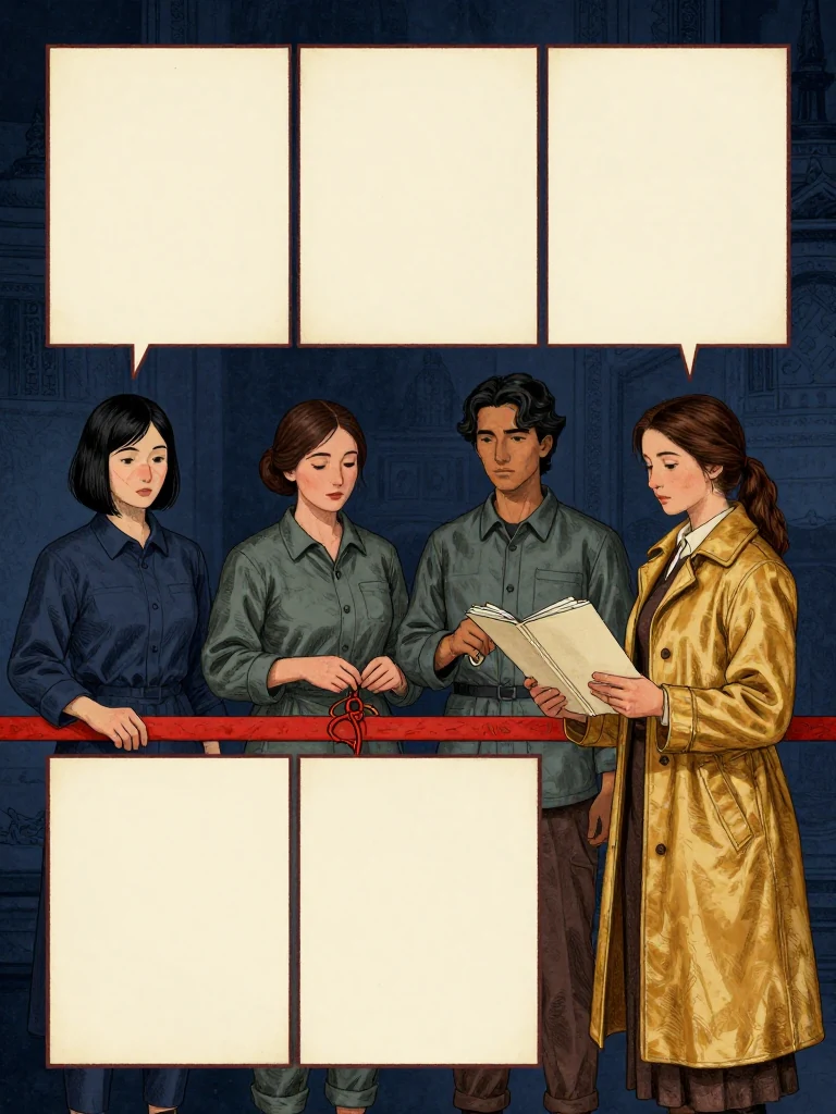 Tamsin Orr rules a permission matrix on black stock before another cord moves while Etta Sorn keeps one thumb over the middle volume's knots, Savi Dorn guards a token inside a wrist-tied sleeve, and Nara Vale holds a four-fold appeal beside a carrier cover. Three custodians expose only bounded historical edges as stop bars and blank columns remain under separate hands. Setting: Unnamed Quarter. Visible objects: Mira's Reciprocal Ledger.