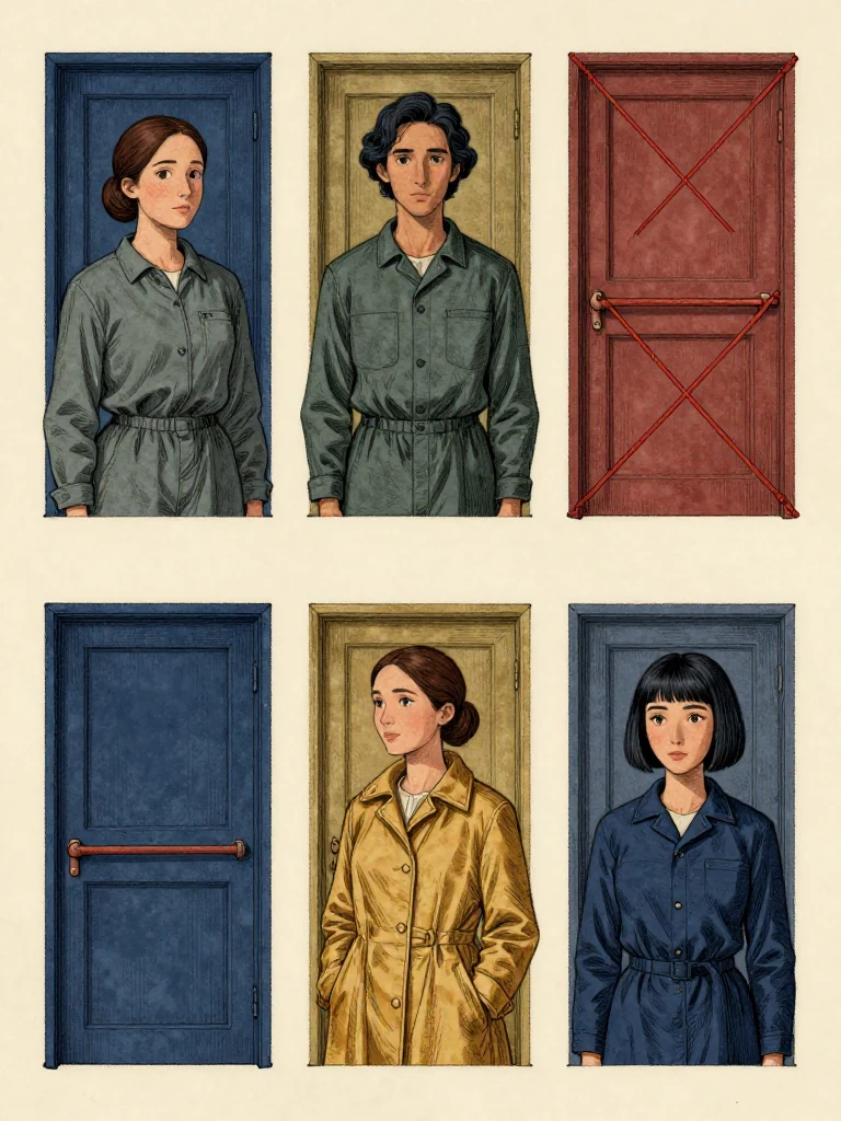 Etta Sorn permits only connector notches, witness ink, and horizon details tied to the middle route while Savi Dorn limits comparison to a sleeved token and connected row pair. Nara Vale places a four-fold appeal beside the carrier cover, and Tamsin Orr crosses out every unapproved matrix column. Three cord-bound originals stay at separate doors under claimant-controlled stop bars. Setting: Unnamed Quarter. Visible objects: Mira's Reciprocal Ledger.