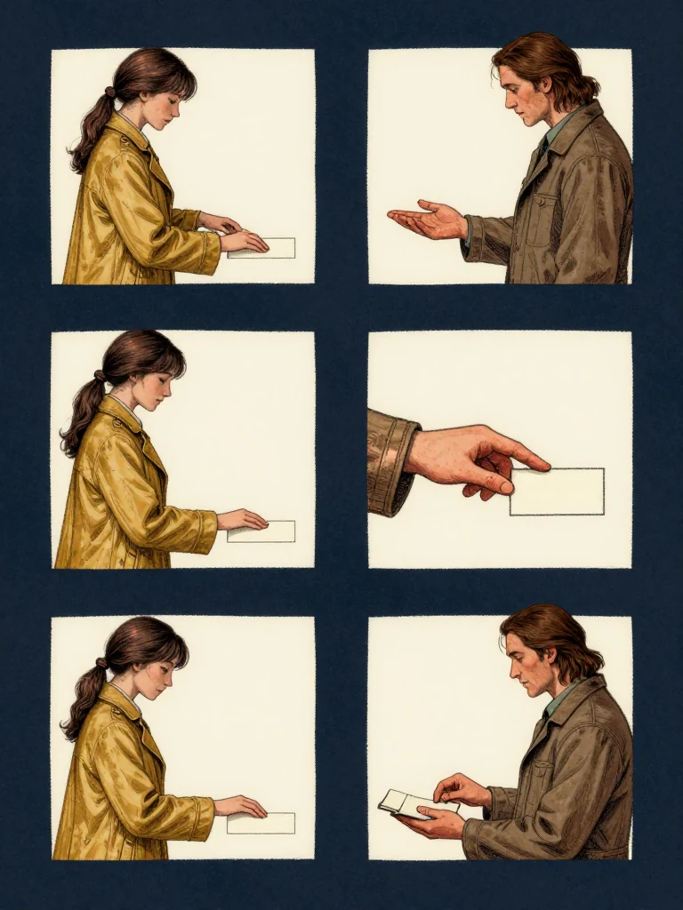 Nara Vale performs the habitual stroke on a cream baseline square, then indicates one accessible farewell and two known but inaccessible events through separate face-down counters. Oren Pell presents each category and returns the completed private set to the same person's sleeve. Late room light reveals a steady hand, closed event prompts, and baseline evidence kept entirely separate from the historical volumes. Setting: Unnamed Quarter.