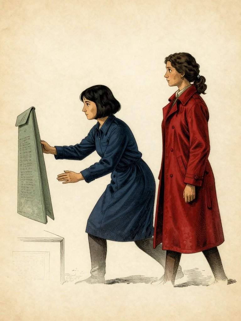 Tamsin Orr stands with one hand on a sealed flap, body angled toward Cala Renn, who stands beside her, poised to replay a sequence. The setting is dimly lit, with muted tones and textured surfaces. Both characters are in motion, focused on the task ahead.