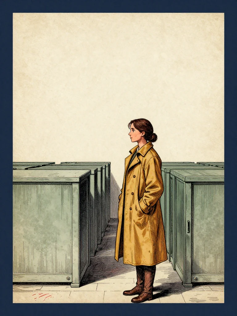 Nara Vale, the same person, stands poised to depart, her posture relaxed yet deliberate, having completed her task. Behind her, the classified rows remain sealed, their margins untouched. The ambient light dims slightly, hinting at the quiet aftermath of verification.