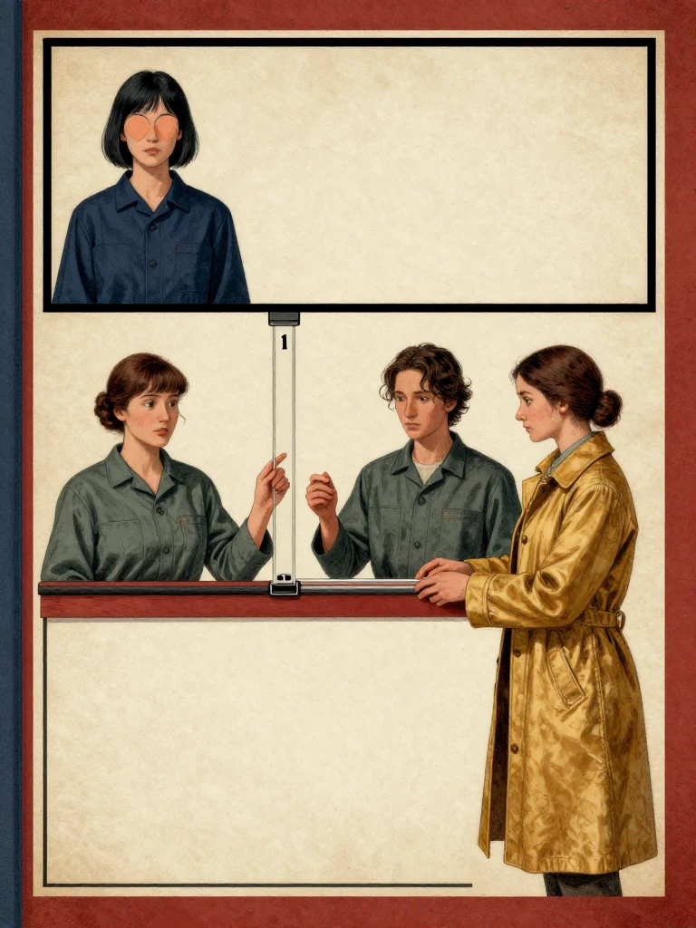 Tamsin Orr lays a narrow black frame across the empty center while Etta Sorn keeps one finger on the middle instruction margin, Savi Dorn grips a removable clip on the token-side strip, and Nara Vale places two fingers on the clear bridge. Three originals remain a handspan away. Bounded margin strips, closed flaps, and claimant vetoes isolate one historically authenticated instruction. Setting: Unnamed Quarter. Visible objects: Mira's Reciprocal Ledger.