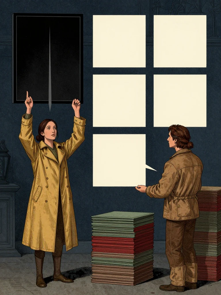 Nara Vale holds the deep examination inside the black frame until gray lines rise from an already authenticated ordinary hand, then lifts both fingers as the instruction ends at its crisis boundary. Oren Pell sets four blank cream comparison squares beside the face-down baseline set. Three custodian-held stacks remain unchanged, separating historical method and acknowledged debt from current claimant authority. Setting: Unnamed Quarter. Visible objects: Mira's Reciprocal Ledger.