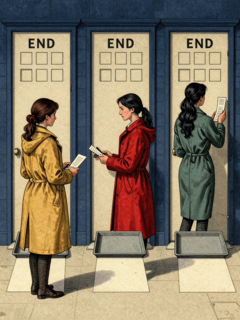 Nara Vale stands beside the empty center tray while Cala Renn records an unchanged civic result and Adra Voss checks three end tallies plus one blank present-choice field at each door. Every custodian gathers only the route slips held at that table. Late light follows three outward paths, each carrying a veto and empty answer boxes under a different living hand. Setting: Unnamed Quarter. Visible objects: Mira's Reciprocal Ledger.