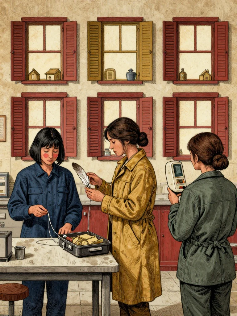 Tamsin Orr holds the all-site minute cord at the kitchen table while Nara Vale sets a feather-edged route case between three service stations and Etta Sorn faces the narrow medicine reader. Three custodians raise six-window shutters together. Wet morning light catches separate meal, medicine, and housing bundles, claimant-veto folds, distributed originals, and forty-one distinct dispositions entering one synchronized inspection. Setting: Unnamed Quarter.