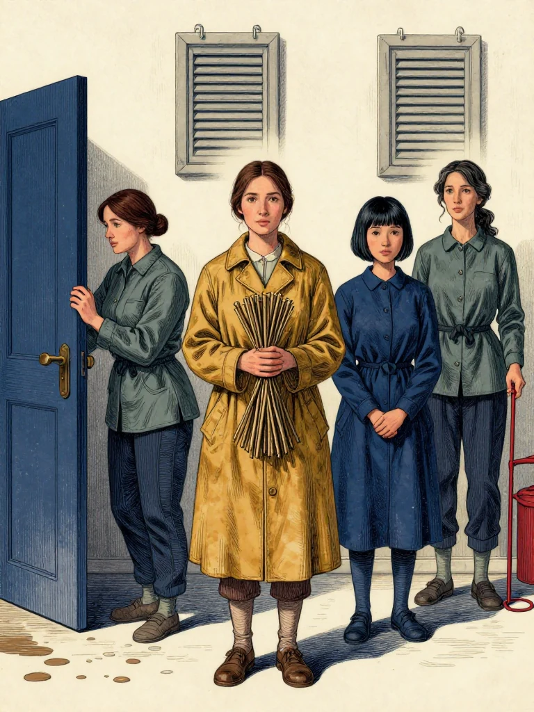 Nara Vale, the same person, stands centered holding a bundle. Etta Sorn, the same person, leans near a medicine door. Tamsin Orr, the same person, grips a minute cord. Adra Voss, the same person, observes from behind them. All four face forward under bright morning light. Three devices hang in the background, shutters closed. Wet chalk stains mark the floor.