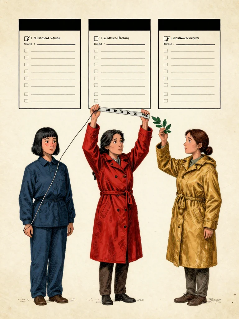 Tamsin Orr keeps hold of the minute cord while Cala Renn raises an exclusion strip separating four external records from refuge dispositions and Nara Vale lifts the first direct-source leaves. A black bar keeps the historical return query dormant. Morning light reveals three matching tallies, bounded quill review, closed disclosure fields, and certification limited to existing marks, services, appeals, and duplicate control. Setting: Unnamed Quarter.