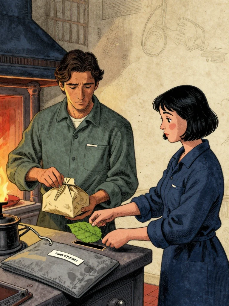 Savi Dorn meets the meal bundle beside a warming stove, opens the chosen public flap, and keeps the retained counterpart under one palm while Tamsin Orr points to a fresh route cut and passes the bounded leaf through the public slot. A separate gray custody sleeve stays sealed. Warm light catches workshop continuity evidence, direct kitchen liability, one pulled veto cord, and a local meal promise. Setting: Unnamed Quarter.