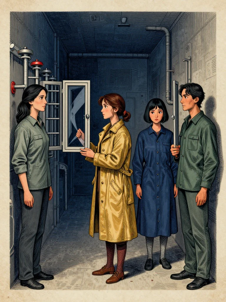 Adra Voss observes two sealed instrument housing bars. Nara Vale holds two conflict windows edge to edge. Tamsin Orr stands beside the same person. Savi Dorn holds a counterpart against their chest. All four stand in a narrow space under dim, steady light.