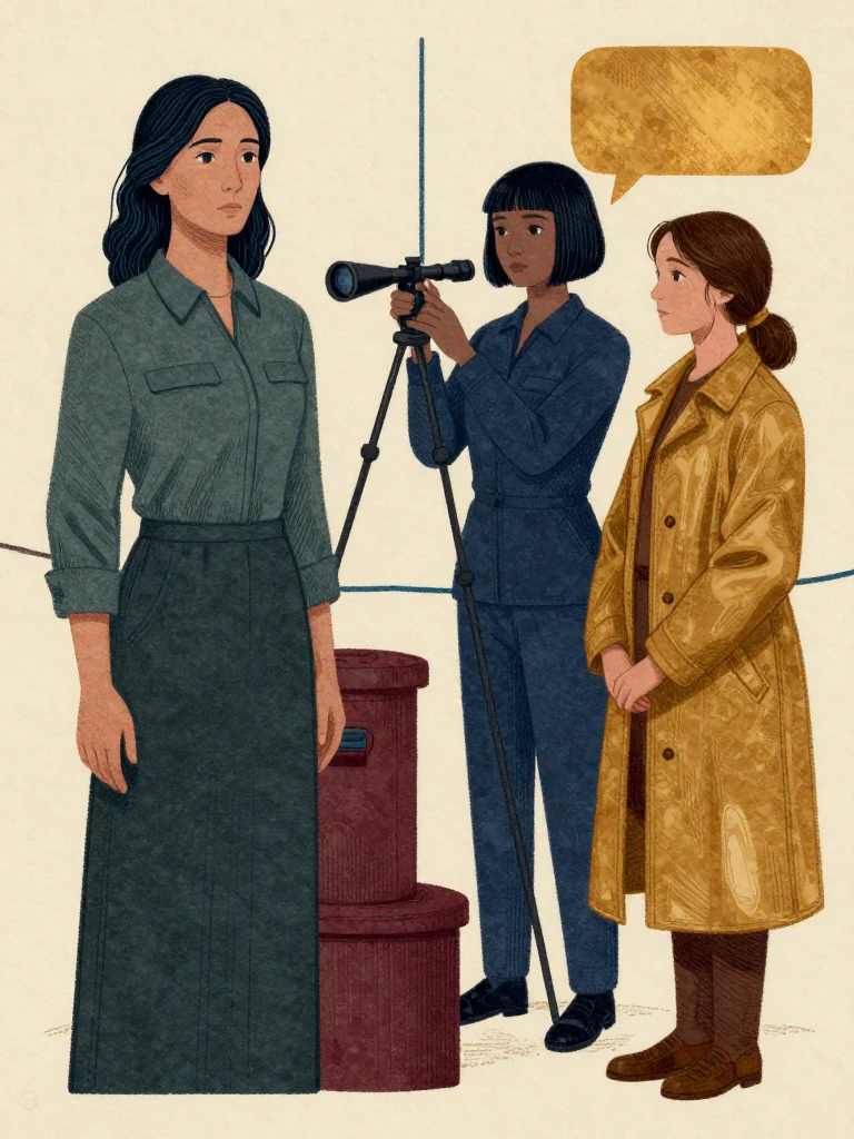 Adra Voss stands centered, palm pressed over a cord. Tamsin Orr stands slightly behind, holding a scope. Nara Vale stands to the side, hands folded. Amber panels glow nearby. Service lines remain blue. The composition keeps every visible silhouette spatially distinct and clearly legible. Setting: Unnamed Quarter.