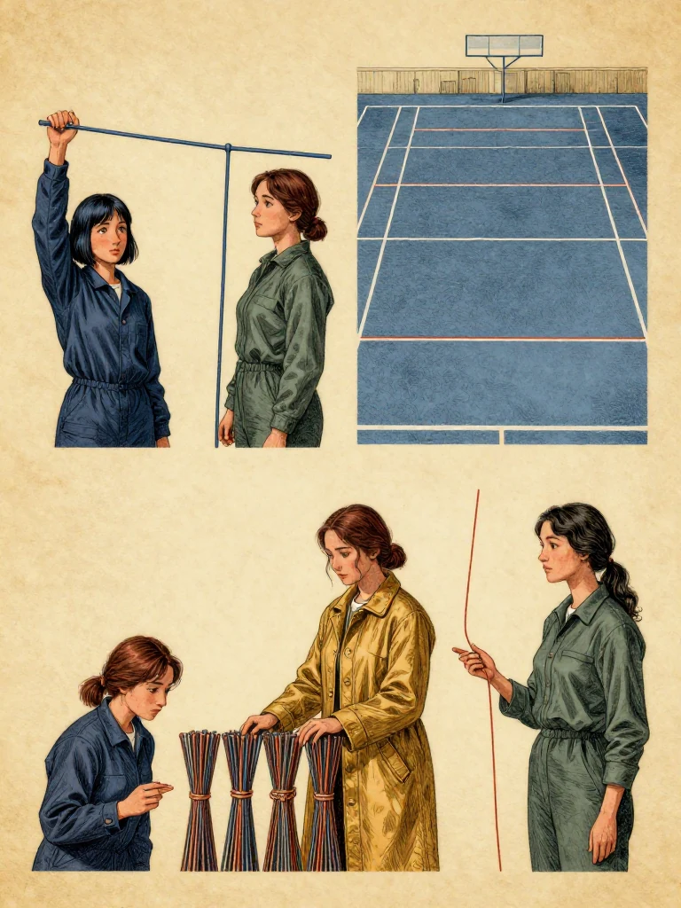 Tamsin Orr raises a completed blue service line while Etta Sorn holds only the external medicine line, Nara Vale returns the six bundles beneath three matching end tallies, and Adra Voss releases the all-site cord with an open hand. Two panels remain amber as every service channel stays blue. Clear court light shows forty-one present rows, distinct dispositions, and overlap contained as review state. Setting: Unnamed Quarter.