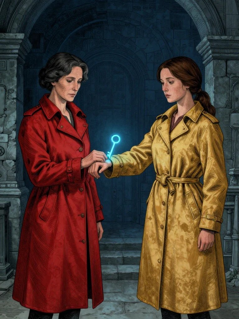 Cala Renn stands beside Nara Vale, both facing forward. the same person presses four items against the same person's wrist, where a glowing blue key materializes between them. The setting is a dim, stone-walled chamber with faint ambient light. the same person's arm is extended, cuff visible. Setting: Unnamed Quarter.