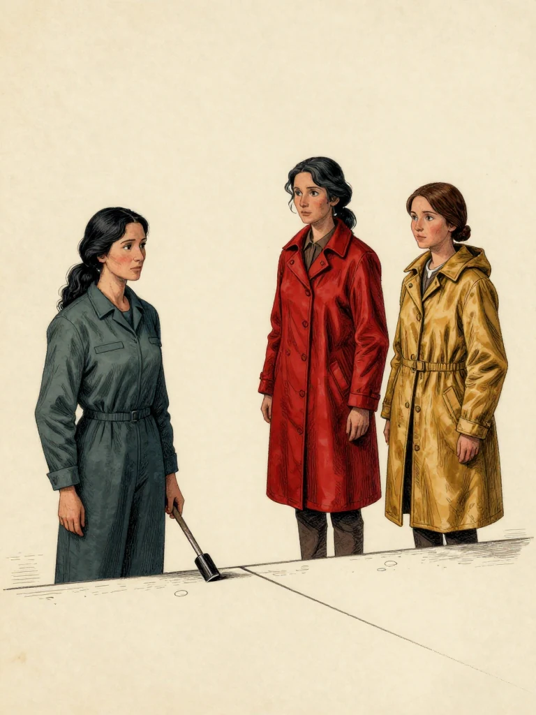 Adra Voss, the same person, stands at a jurisdiction boundary with her small capped hand tool resting on the line. Cala Renn, the same person, stands beside her, observing. Nara Vale, the same person, stands slightly behind, watching the exchange. The setting is a plain, institutional space with muted lighting and a single visible boundary line on the surface. Setting: Unnamed Quarter.