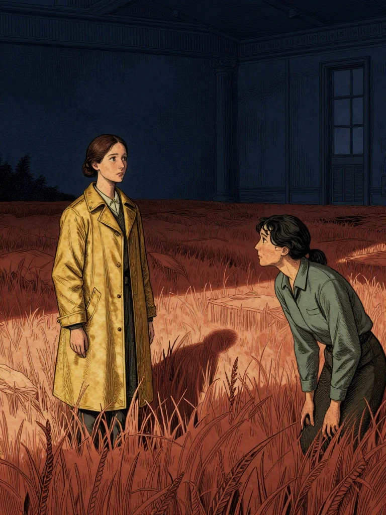 Nara Vale, the same person, stands with hands off the line, eyes fixed on the field. Adra Voss, the same person, leans slightly forward, studying the empty fields. The room is dim, lit only by the field's glow, casting sharp shadows.