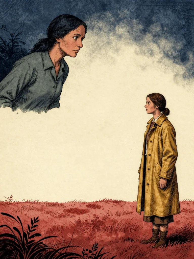 Adra Voss, the same person, leans forward, gaze fixed on the empty fields. Nara Vale, the same person, stands still, hands off the line, eyes on the field. Ambient light glows softly. The composition keeps every visible silhouette spatially distinct and clearly legible.