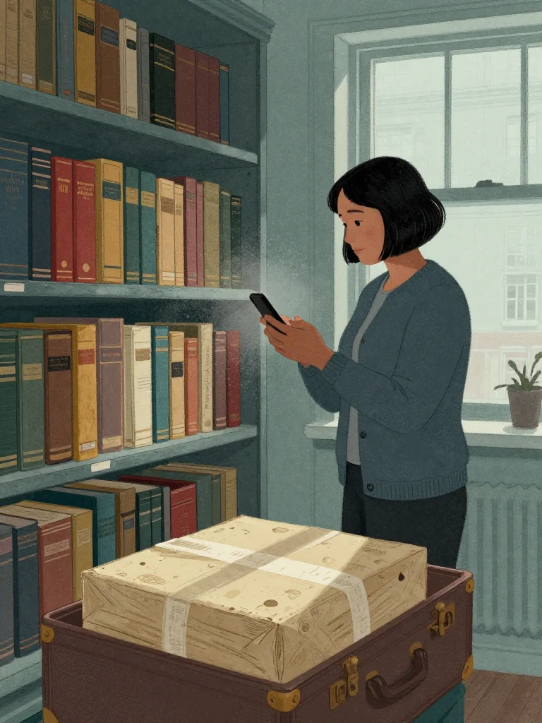 Hana Cho stands beside a window shelf after lowering a phone, gaze fixed on rows of worn story volumes and gray case volumes unpacked from an open travel trunk. Soft midmorning light crosses the trunk lid, a solicitor parcel wrapper, and decades of scuffed bindings. Dust hangs above the arranged archive while the small rented room remains quiet. Setting: Walter Finch's Flat. Visible objects: The Finch Archive.