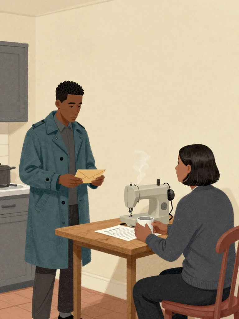 Sam Okonkwo stands beside the kitchen table with a creased envelope held close, watching Hana Cho square a rejection sheet against the wood after a second careful pass. An unnamed older man sits opposite with both hands around an untouched mug. Warm detergent, cold smoke haze, muted daylight, and the steady vibration of a sewing machine settle over the room. Setting: Okonkwo Laundrette, Marrow Lane.
