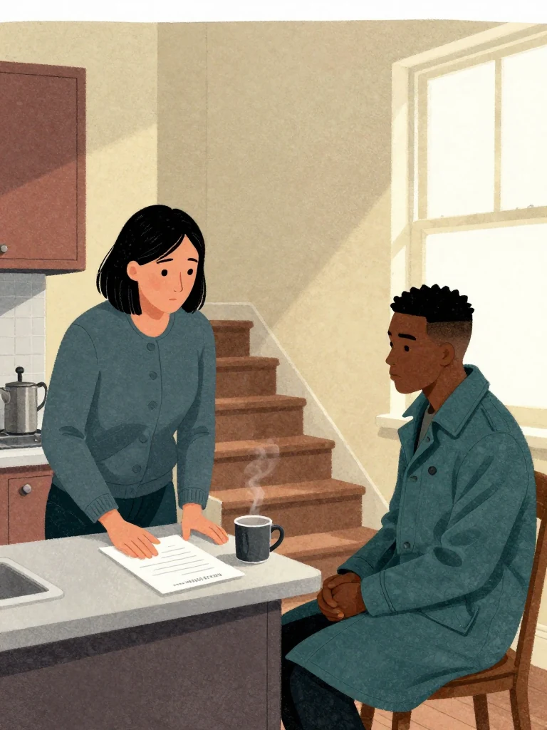 Hana Cho presses the creased rejection sheet flush to the kitchen table edge, gaze caught on a familiar executive mark near the bottom. Sam Okonkwo sits opposite with folded hands, shoulders lowered toward an unnamed father beside the untouched mug. Cold smoke stains the walls, warm detergent haze softens the window light, and the stair to the upper room waits behind them. Setting: Okonkwo Laundrette, Marrow Lane.