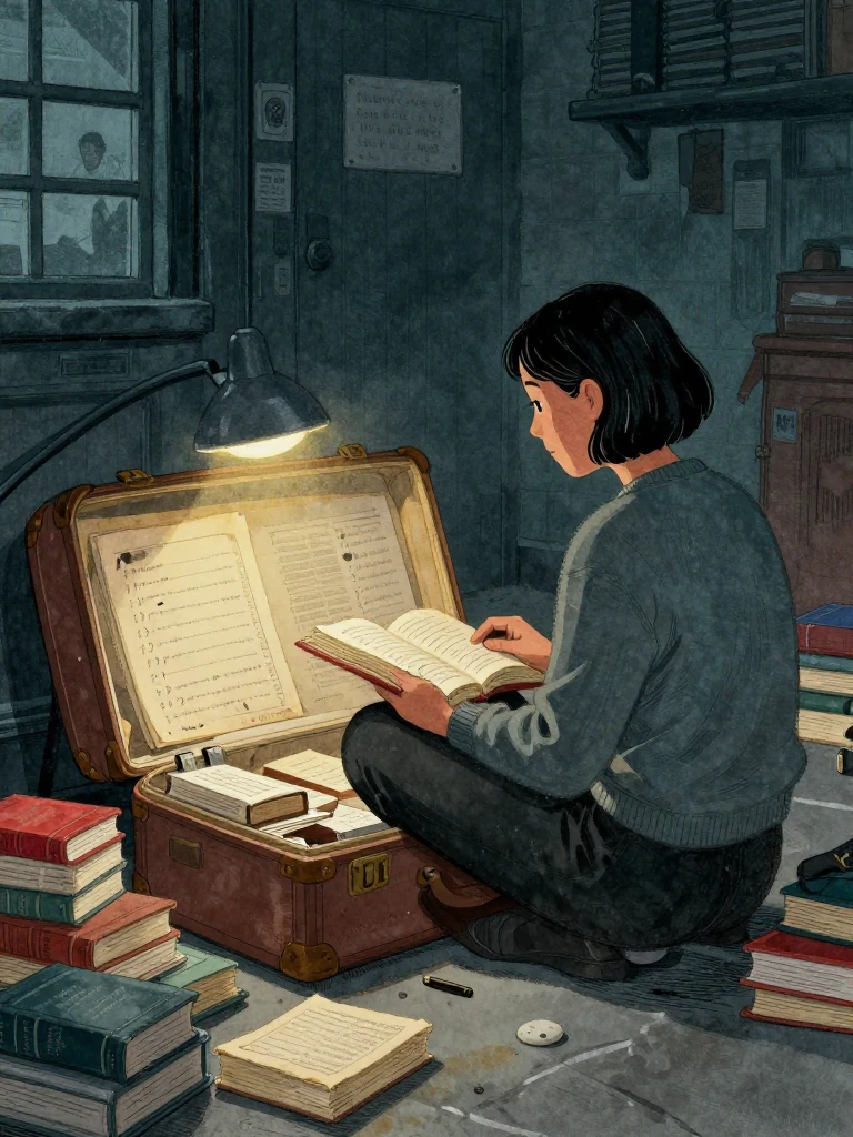 Hana Cho sits back on the heels beside the open travel trunk in deep night, one worn story volume spread across the knees while rows of penciled questions and darker corrective marks fill the margins. Dozens of used volumes and gray case volumes surround the same person beneath a low lamp. A small paired correction symbol beside a warehouse scene holds the focused gaze. Setting: Walter Finch's Flat. Visible objects: The Finch Archive.