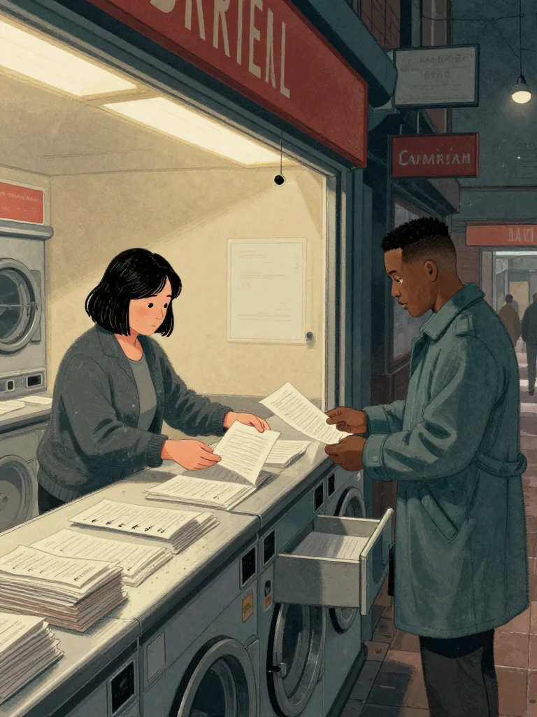 Hana Cho fans a long run of nightly till sheets across the laundrette counter, comparing their repeated bottom marks under warm task light. Sam Okonkwo leans beside the same person and selects one matching sheet from the stack while an unnamed older man holds the drawer open. Street camera light cuts through the smoke stained shopfront toward the clear counter sightline. Setting: Okonkwo Laundrette, Marrow Lane.