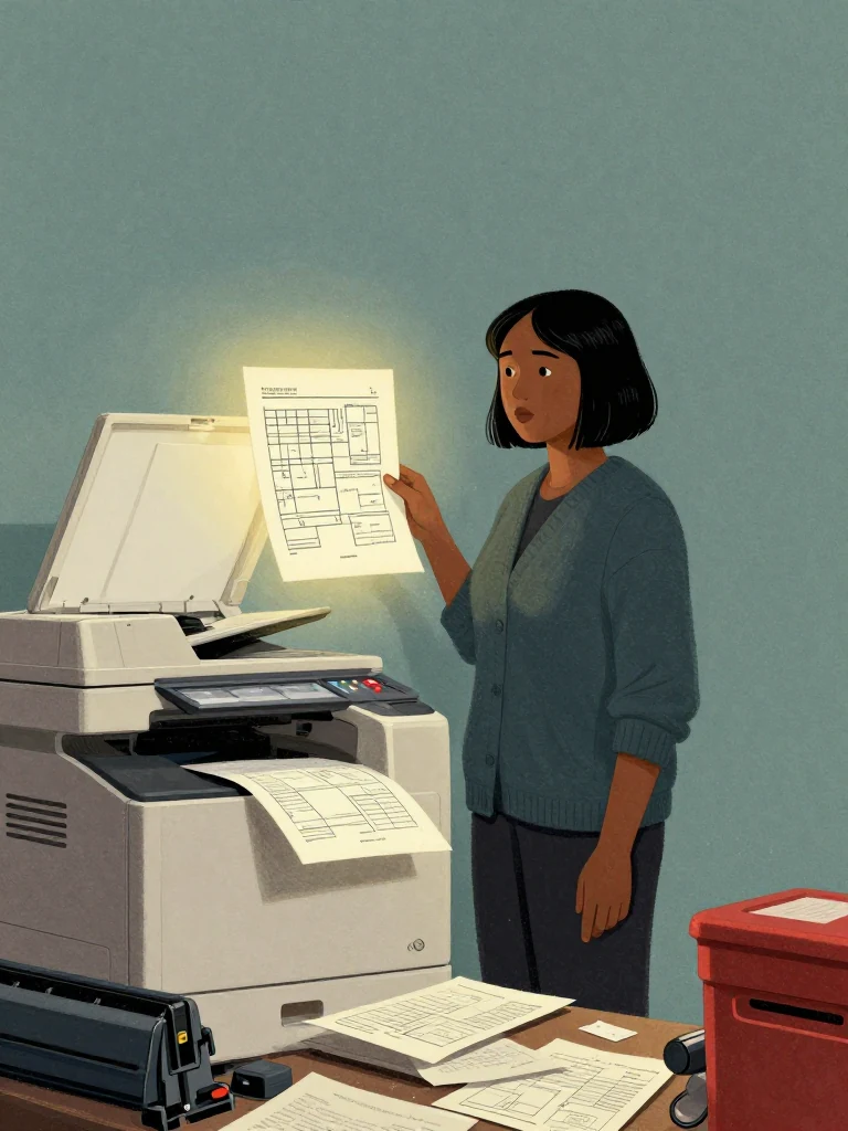 Hana Cho stands alone beside a humming copy machine, holding a neat storeroom diagram at eye level while one finger rests beside a tiny footer mark. Fluorescent glare washes loose claim sheets, toner dust, and plastic trays around the same person. The rigid geometry of the copied plan contrasts with the cluttered bundle below.