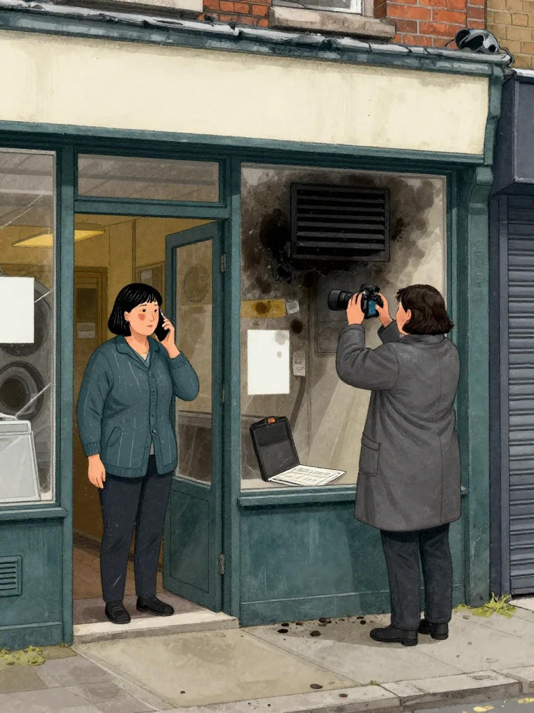 Hana Cho stands just inside the scorched shop doorway with a phone lowered beside one shoulder, gaze fixed through the glass. Imogen Brook works outside in a gray coat, camera raised toward the blackened storeroom vent and warrant case open at the waist. Overcast street light catches soot, damp brick, metal shutters, and passing reflections along the laundrette frontage. Setting: Okonkwo Laundrette, Marrow Lane.
