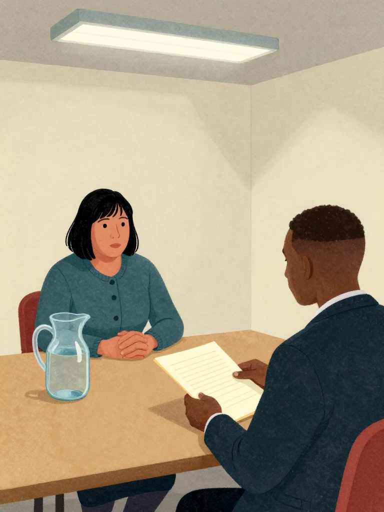 Hana Cho sits at one side of a bare borough meeting table, hands folded beside an untouched water jug, facing an unnamed appeals officer across a thick claim folder. Fluorescent light flattens the beige room and reflects from the jug. The same person's upright posture and direct gaze hold steady as the officer opens the oversized bundle.