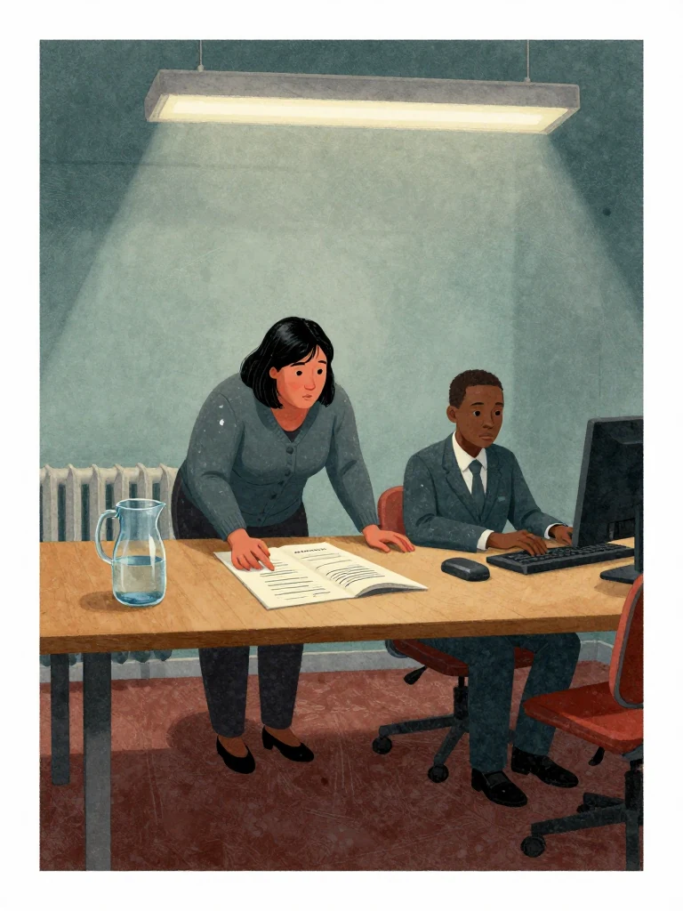 Hana Cho leans forward across the meeting table, one hand indicating a copied site diagram while the other rests beside the untouched water jug. An unnamed appeals officer types at a desktop terminal and freezes over the result. Radiator heat bends the air above worn carpet, and the thick claim bundle lies open between them under flat fluorescent light.