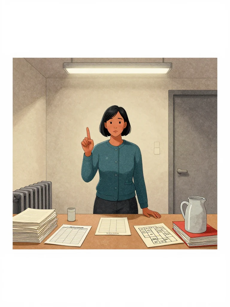 Hana Cho stands at the meeting table and counts the evidence on three raised fingers, each gesture measured toward the unnamed appeals officer opposite. Till sheets, an equipment schedule, and a copied storeroom diagram lie in separate stacks beside the untouched jug. Flat fluorescent light isolates the same person's precise posture against beige walls, radiator metal, and a closed office door.
