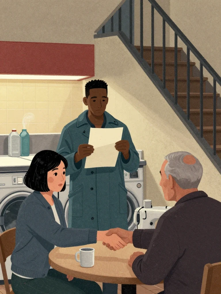 Sam Okonkwo stands in the laundrette kitchen holding a narrow reopening sheet at chest height, relief loosening the shoulders after a second pass. Hana Cho accepts a brief handshake from an unnamed older man across the table. Warm evening light crosses detergent tins, cold smoke stains, an untouched mug, and the stair rising toward the steady sewing machine. Setting: Okonkwo Laundrette, Marrow Lane.