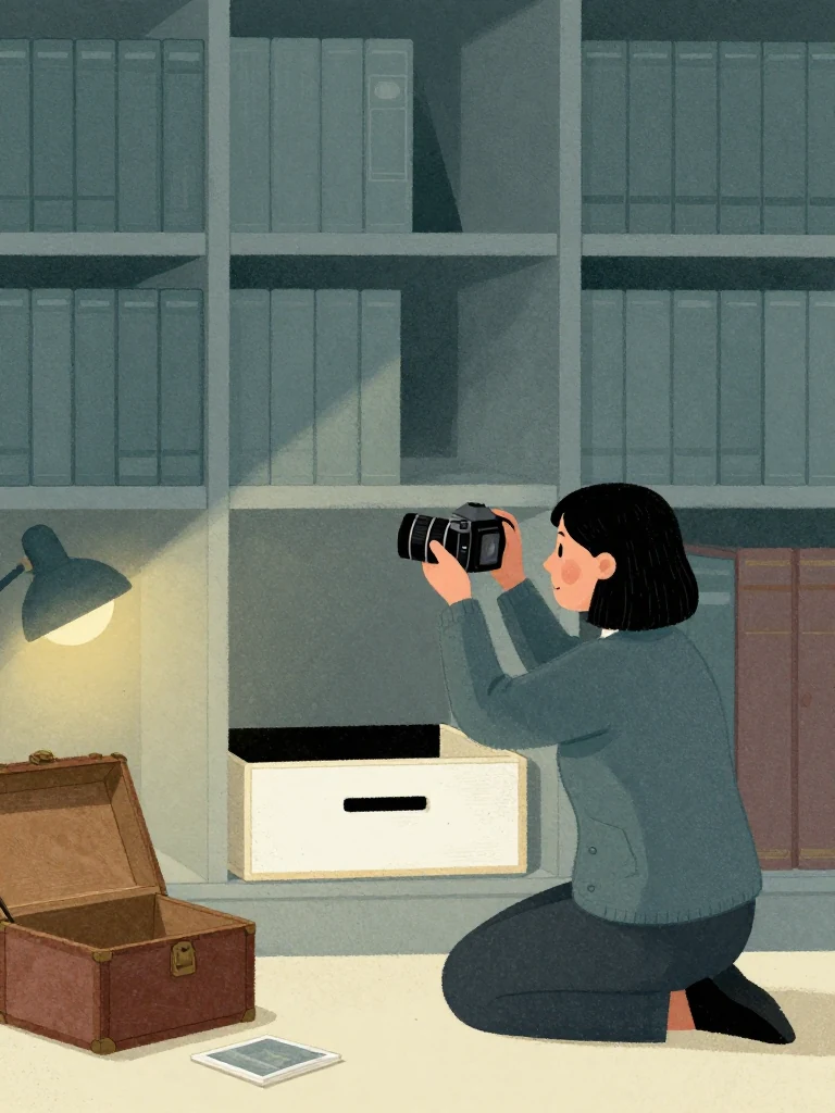 Hana Cho kneels before the gray case volume shelf with a camera raised toward one clean gap in the otherwise even row. A freshly cut index slot sits open below, its white base bright beneath old dust and softened ivory edges. The open trunk, remaining worn volumes, and a small cover slip rest nearby under a single lamp in the silent room. Setting: Walter Finch's Flat. Visible objects: The Finch Archive.
