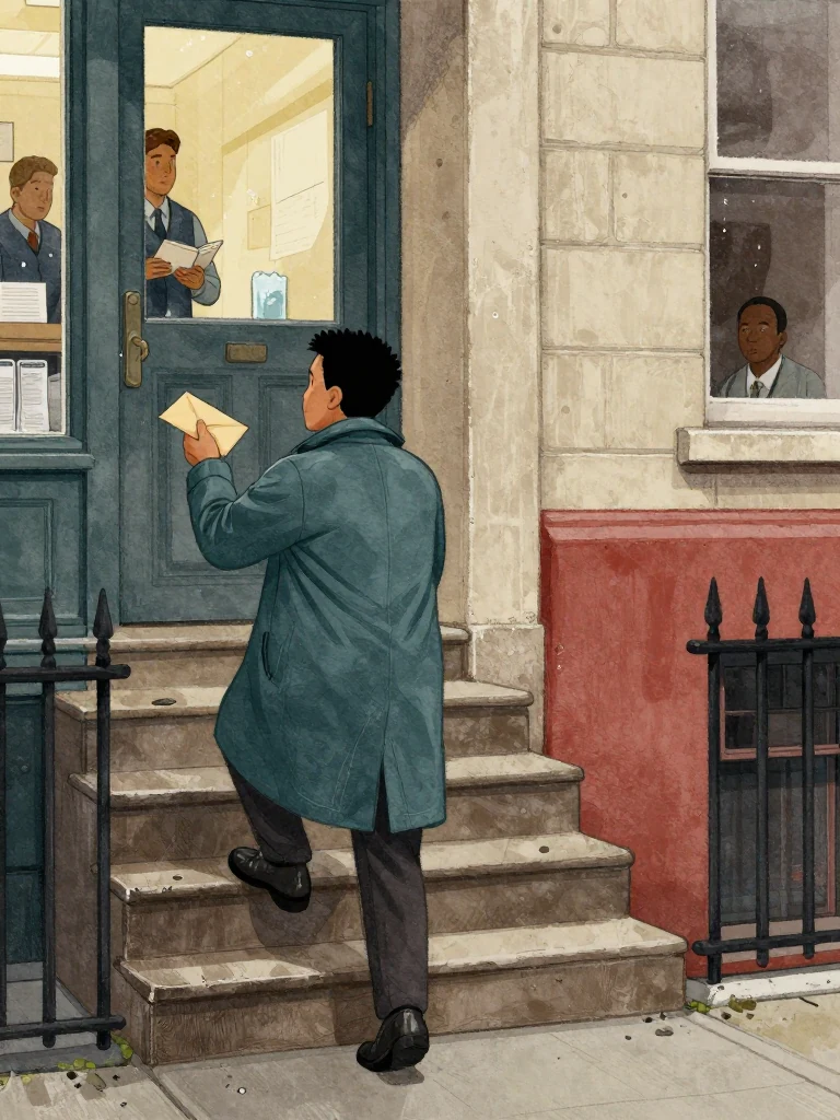 Sam Okonkwo climbs the worn stair beside an unnamed fishmonger, who carries a folded face-down envelope close to his chest. Morning light reaches the upper corner office through dusty glass. Damp wool, ice water, peeling paint, and scuffed steps ground their urgent arrival above the neighborhood. Setting: Okonkwo Laundrette, Marrow Lane.