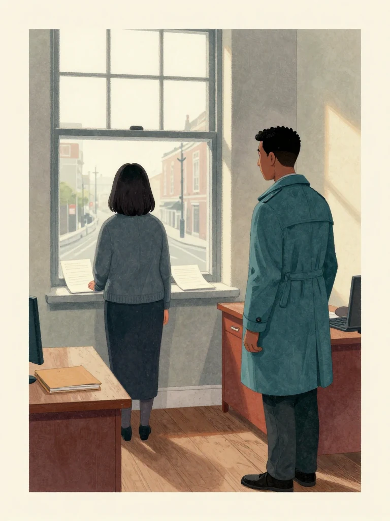 Hana Cho stands rigid at the office window with two aligned sheets held face-down against the sill. Sam Okonkwo observes from beside the desk, jaw set and hands still. Pale cold-morning light crosses the narrow room, worn floorboards, a closed folder, and the quiet lane below. Setting: Okonkwo Laundrette, Marrow Lane.