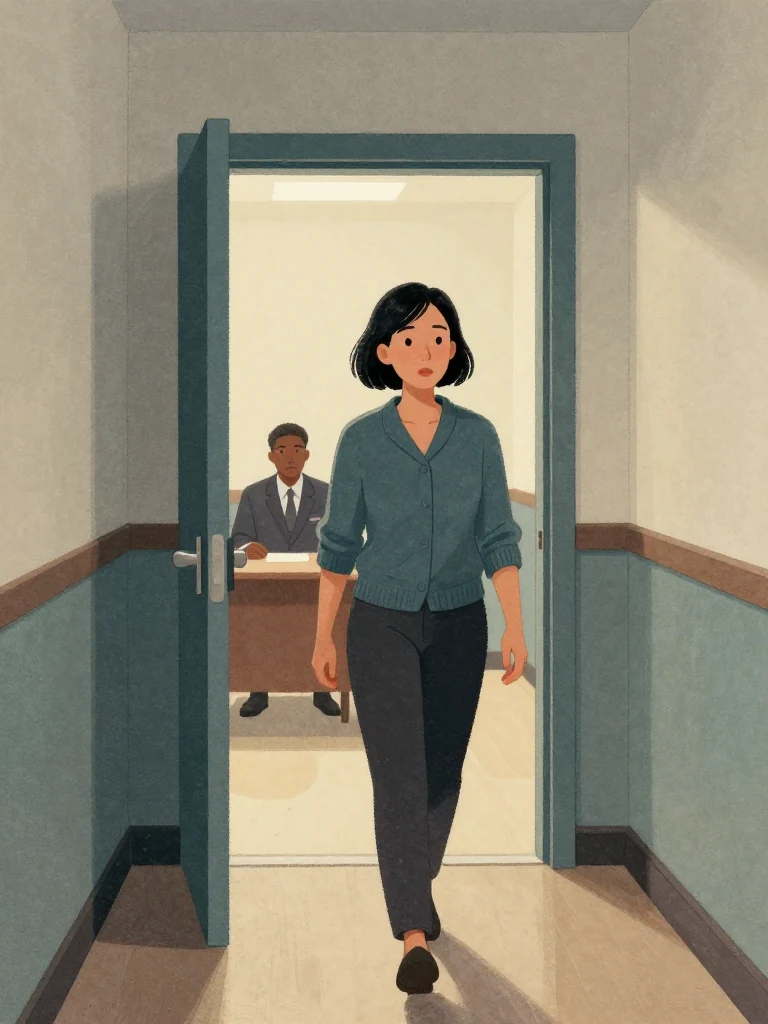 Hana Cho leaves an institutional interview room empty-handed, shoulders squared as the open doorway recedes behind her. An unnamed investigator remains deeper inside near a bare table. Flat corridor light catches gray walls, polished flooring, and the measured stride carrying her away from the finished exchange.