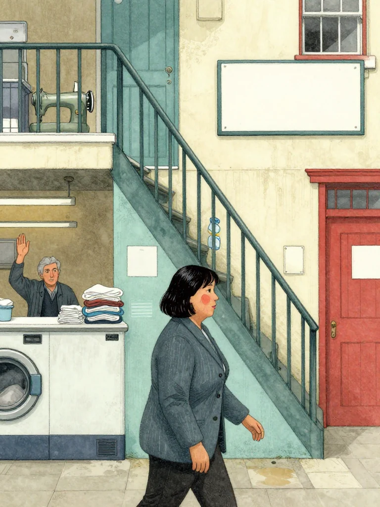 Hana Cho crosses the freshly painted laundrette and takes the stairs two at a time. An unnamed older owner raises one hand from the counter in quiet recognition. Daylight catches folded linen, smoke-stained plaster beneath new paint, detergent tins, and the upper landing where a sewing machine steadily vibrates. Setting: Okonkwo Laundrette, Marrow Lane.