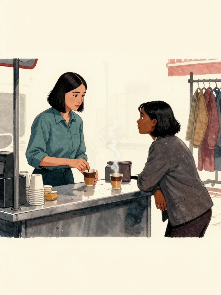 Priya Anand stirs a small cup at a street coffee cart while Hana Cho leans close across the metal counter, listening. Both women remain clearly visible in the cool daylight. Steam curls between their level gazes as stacked cups, a closed cash box, and passing coats frame the focused exchange.