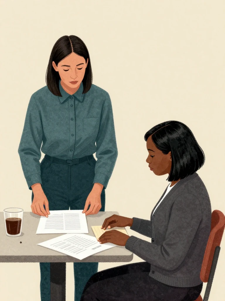 Priya Anand aligns two face-down metadata printouts on a small table and places plain tabs beside matching positions. Hana Cho studies the arrangement from the opposite chair with both hands near a closed folder. Even indoor light reveals aligned sheet edges, cooling coffee, and their concentrated shared review.