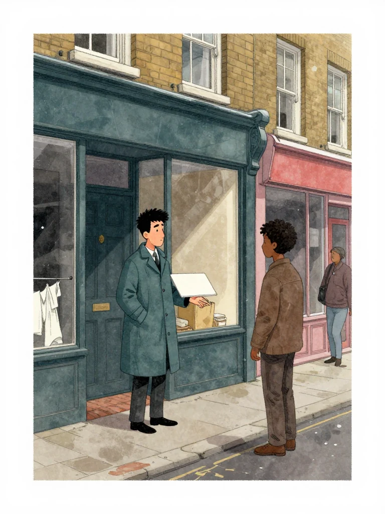 Sam Okonkwo begins a door-to-door canvass from the local shopfront, a small closed pad tucked beneath one arm as he greets an unnamed neighbor. Afternoon light stretches across damp pavement, brick thresholds, laundry windows, and the familiar route he understands through faces and gestures. Setting: Okonkwo Laundrette, Marrow Lane.