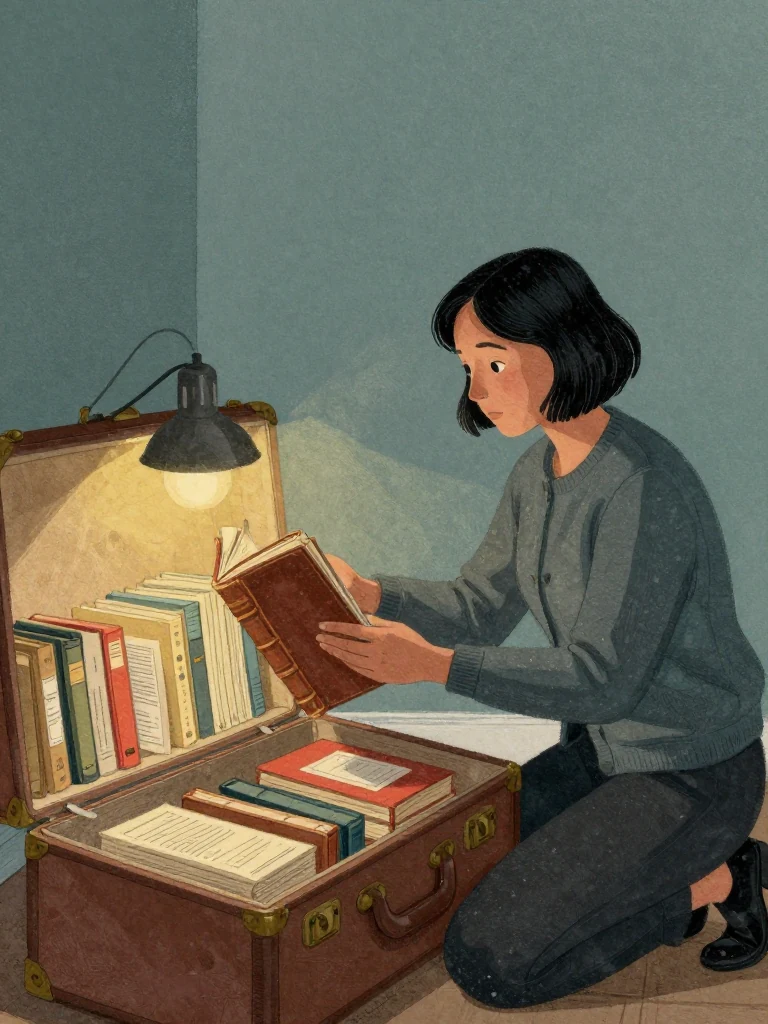 Hana Cho kneels beside the open travel trunk and studies a worn case volume angled away from the viewer, one finger resting along its concealed margin. A low lamp catches scuffed bindings, gray sheet edges, and ordered archive rows while the quiet room holds her deliberate return to the filed method. Setting: Walter Finch's Flat. Visible objects: The Finch Archive.