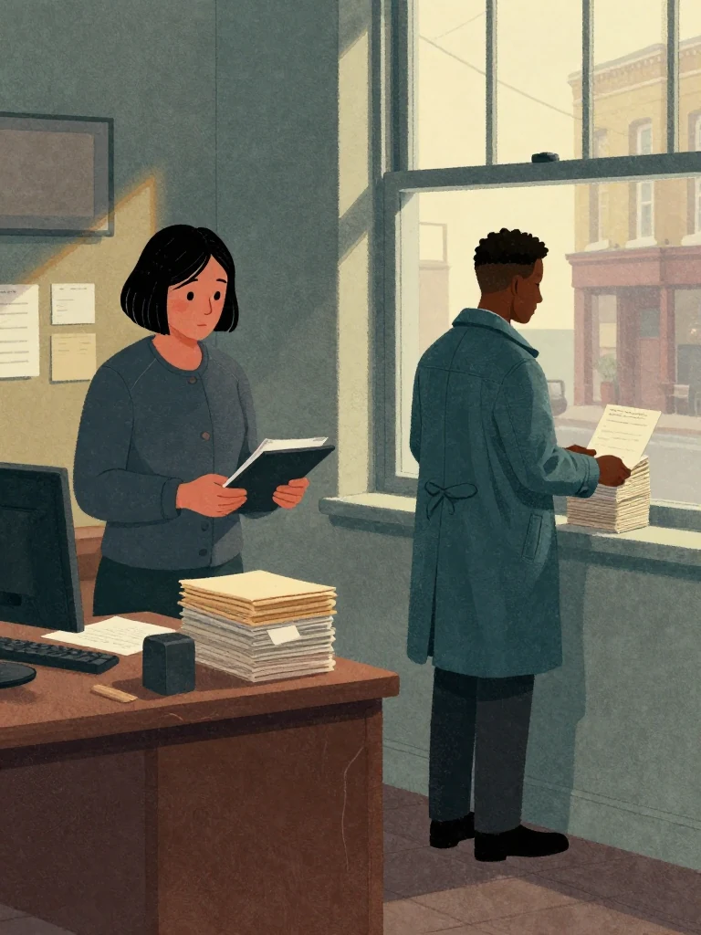 Hana Cho lowers both hands from a dark device after sending the filing. Sam Okonkwo stands at the window and squares a stack of face-down canvass slips into careful alphabetical order. Evening light settles across the corner office, worn desk, closed folders, and the lane beyond. Setting: Okonkwo Laundrette, Marrow Lane.