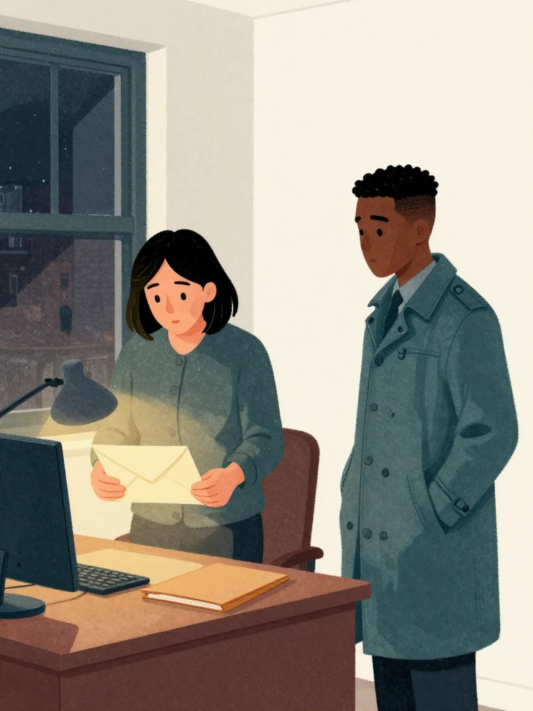 Hana Cho lifts a cream envelope from the corner office desk while Sam Okonkwo observes beside her. The envelope remains closed and face-down, its surface plain beneath the lamp. Warm light crosses their tense hands, a closed case folder, dark window glass, and the narrow room above the neighborhood. Setting: Okonkwo Laundrette, Marrow Lane.